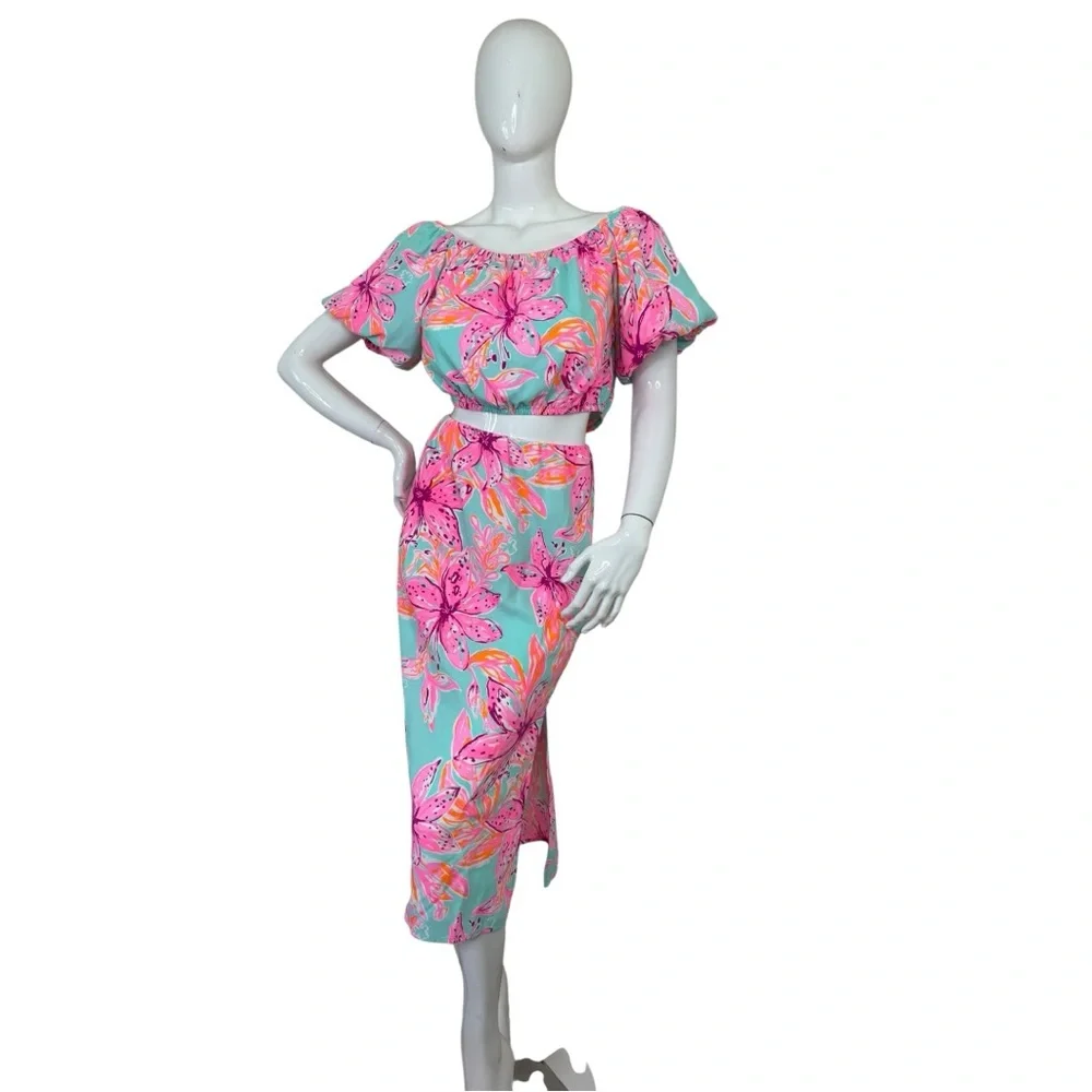 Lilly Pulitzer dress set Elegant Pink sea Blue peekaboo style unique sz L NWT - Picture 9 of 16